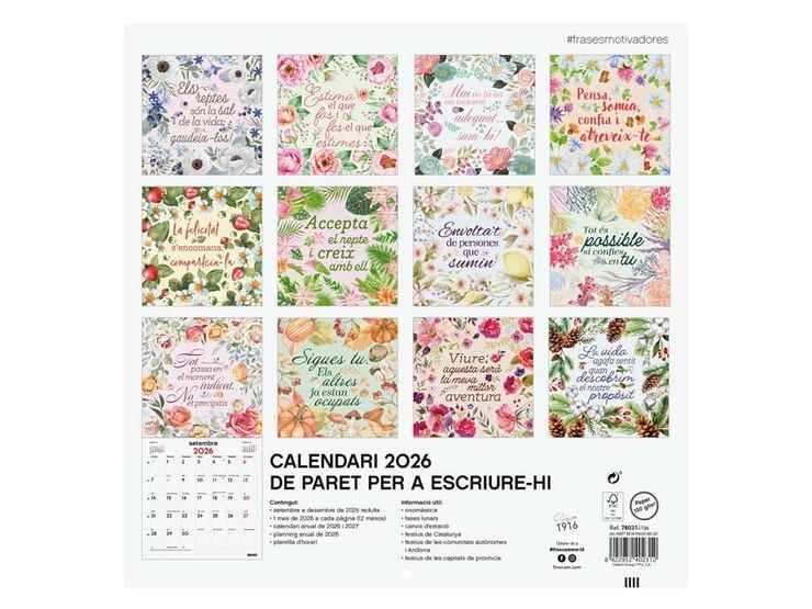 Calendario pared Finocam 30x30 2026 Frases catalán