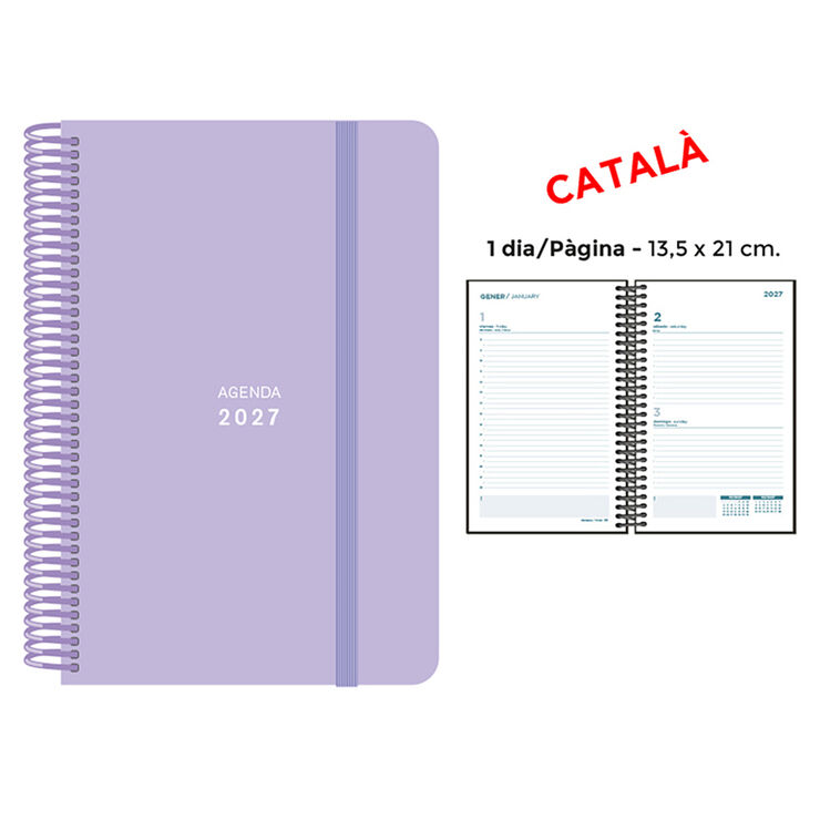 Agenda Espiral Finocam 13,5x21 cm Catal&aacute;n D&iacute;a P&aacute;gina 2027 Lila Pastel