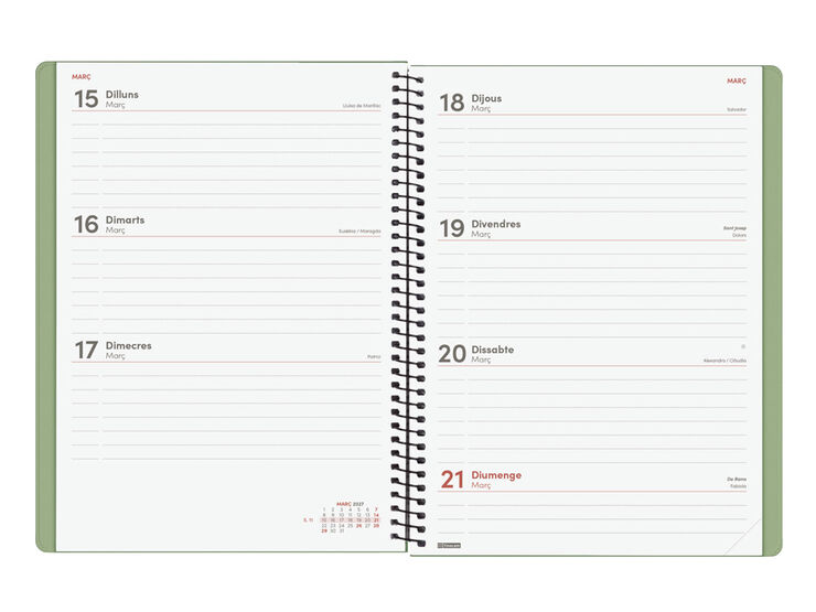 Agenda Finocam My Semana Vista Horizontal 2027 Catal&aacute;n Verde