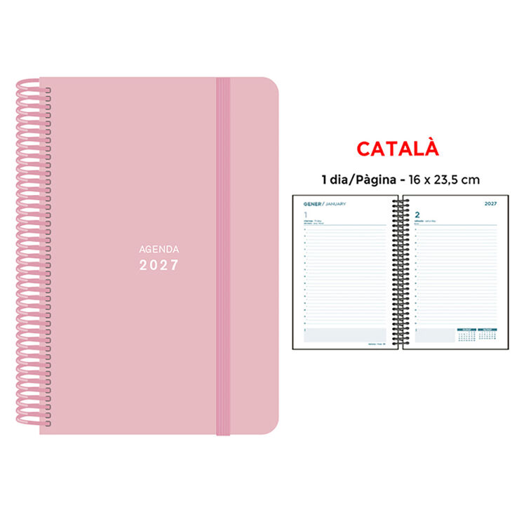 Agenda Espiral Finocam 16x23,5 cm Catal&aacute;n D&iacute;a P&aacute;gina 2027 Rosa Pastel