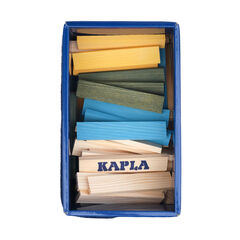 Juego de construcción Kapla caja 120 tablillas azules, amarillos y color madera