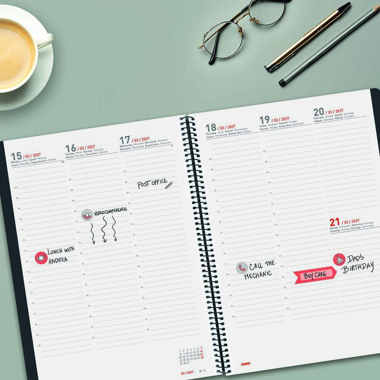 Agenda Finocam 16M Ikon E40 Sem/Vista Vertical Multiling&uuml;e 2026-27 Negro