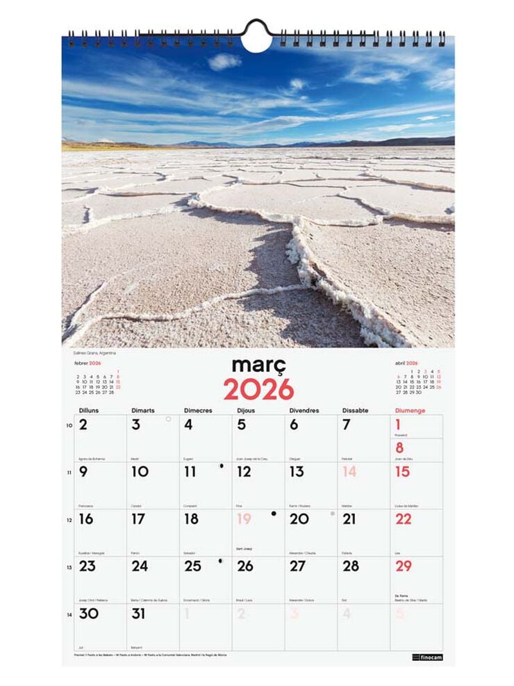 Calendario pared Finocam espiral 25x40 2026 Natural catalán