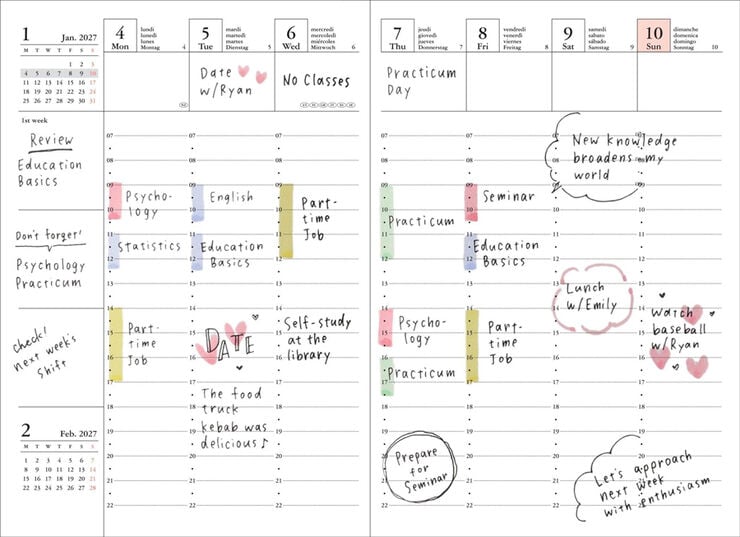 Agenda Mark's 18 Mesos A6 Setmana/Vista Multiling&uuml;e 2026-2027 Story Lila
