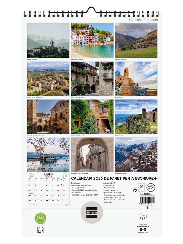 Calendario pared Finocam espiral 25x40 2026 Pobles amb encant catalán