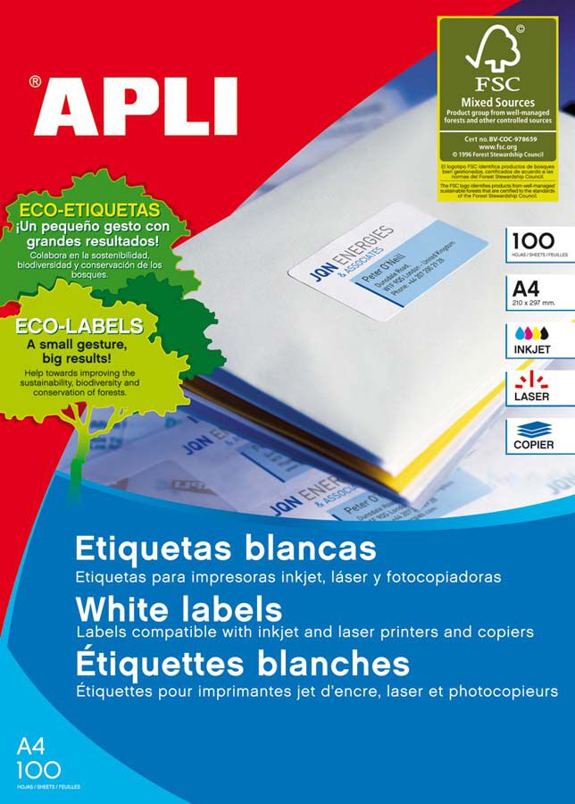 Etiqueta Apli Inkjet/Laser/Fotoc.29x105mm 100 hojas