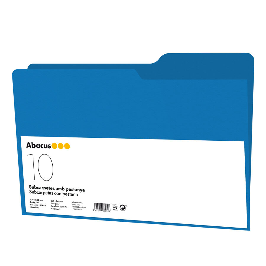 Subcarpeta Abacus A4 con pesta&ntilde;a 240g azul 10u