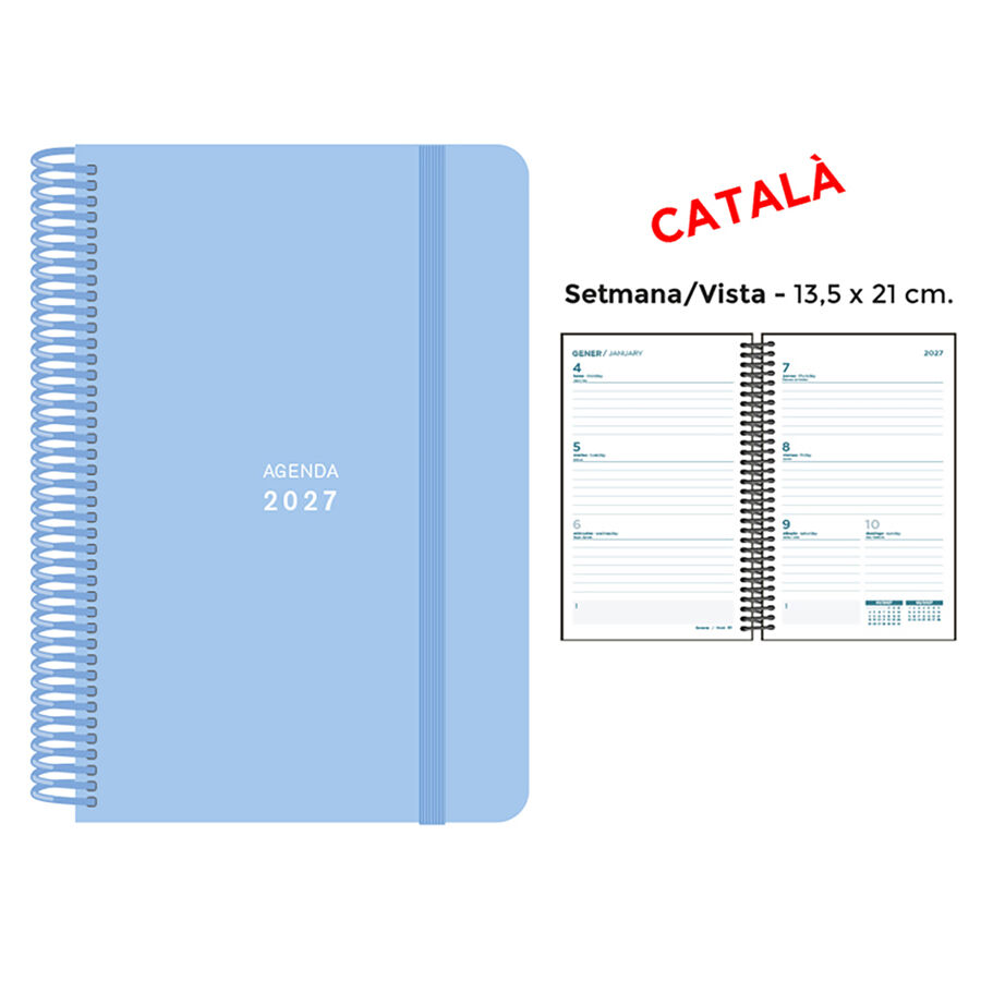Agenda Espiral Finocam 13,5x21 cm Catal&aacute;n Semana Vista 2027 Azul Pastel