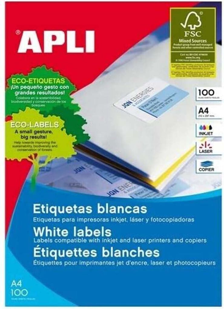 Etiqueta Apli Inkjet/Laser/Fotoc.37x70mm 100 hojas