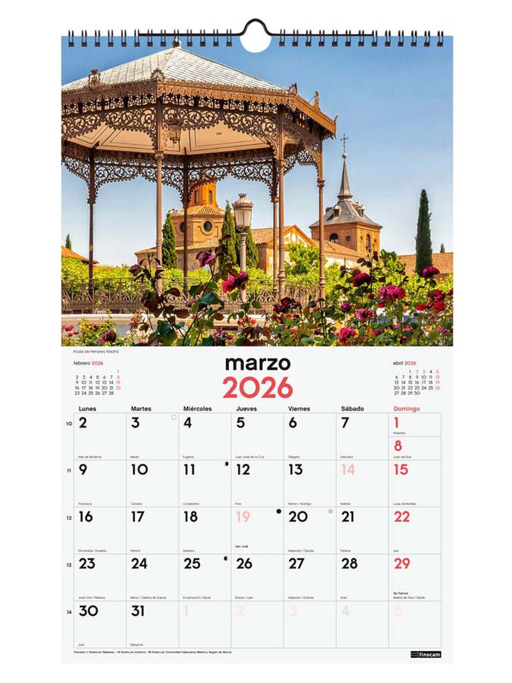 Calendario pared Finocam espiral 25x40 2026 Ciudades castellano