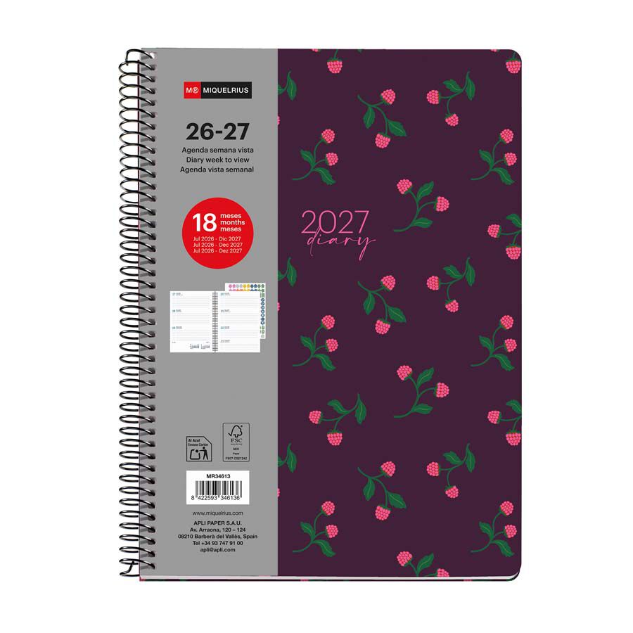 Agenda Miquel Rius 18 Meses Espiral Plus sem/vista multiling&uuml;e 2026-2027 Berries