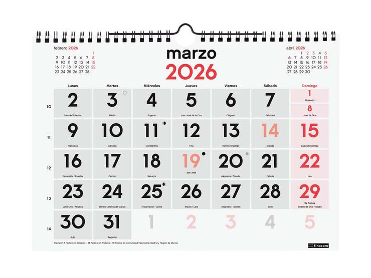 Calendari paret Finocam Números grans M 2026 castellà Calendari paret Finocam Números grans M 2026 castellà