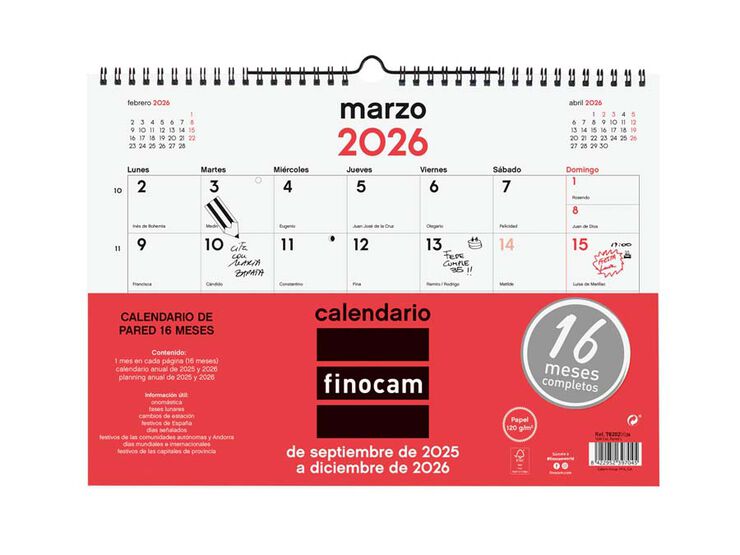 Calendario Finocam pared 16 meses  34x24cm cas 2025-26
