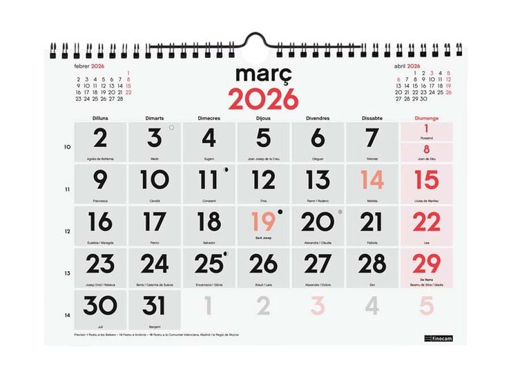 Calendario pared Finocam Números grandes M 2026 catalán