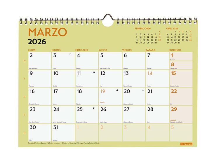 Calendario pared Finocam Escribir Grafik A4 2026 castellano