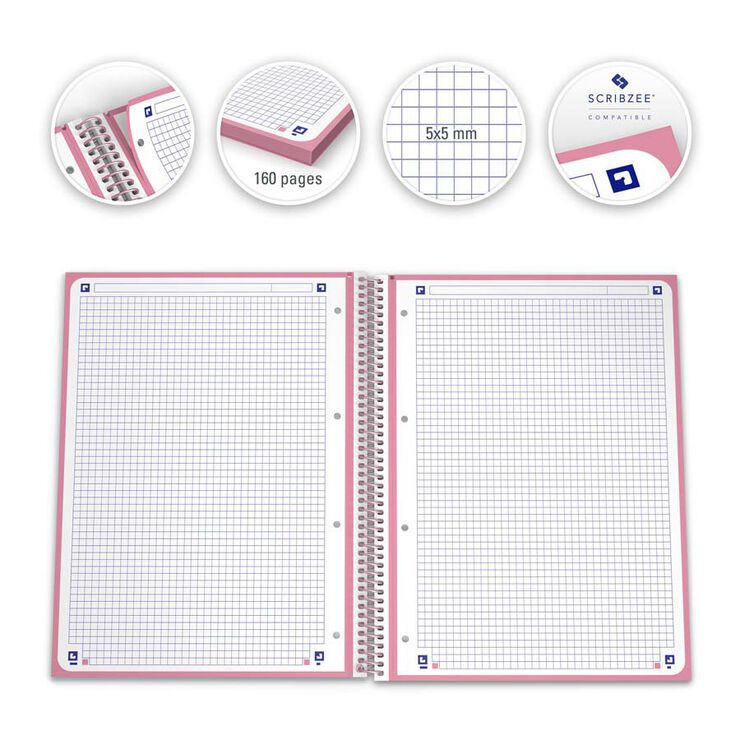 Cuaderno espiral Oxford Classic Europeanbook 1 A4+ 5x5 80F Rosa