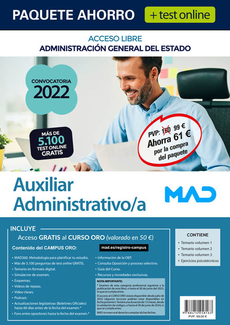 Paquete Ahorro + Test online Auxiliar Administrativo/a Administración General del Estado. Ahorra 61 &#x020AC, (incluye Temarios 1, 2 y 3, Ejercicios