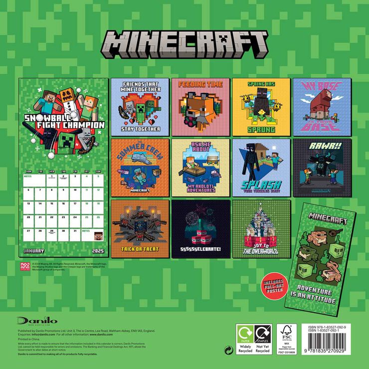 Calendario Pared 2025 30x30cm Minecraft