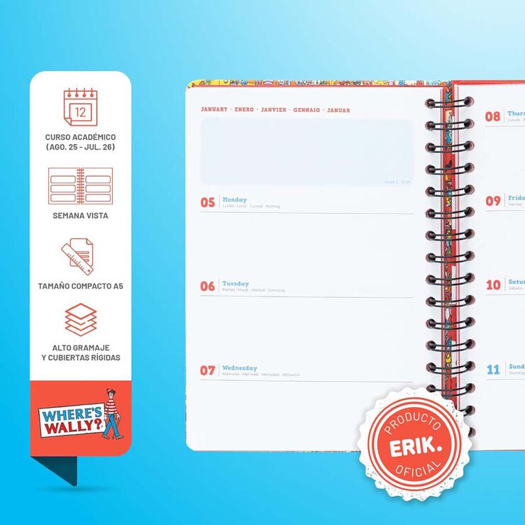 Agenda escolar Erik A5 setm/vista multilingüe 2025-26 Wally