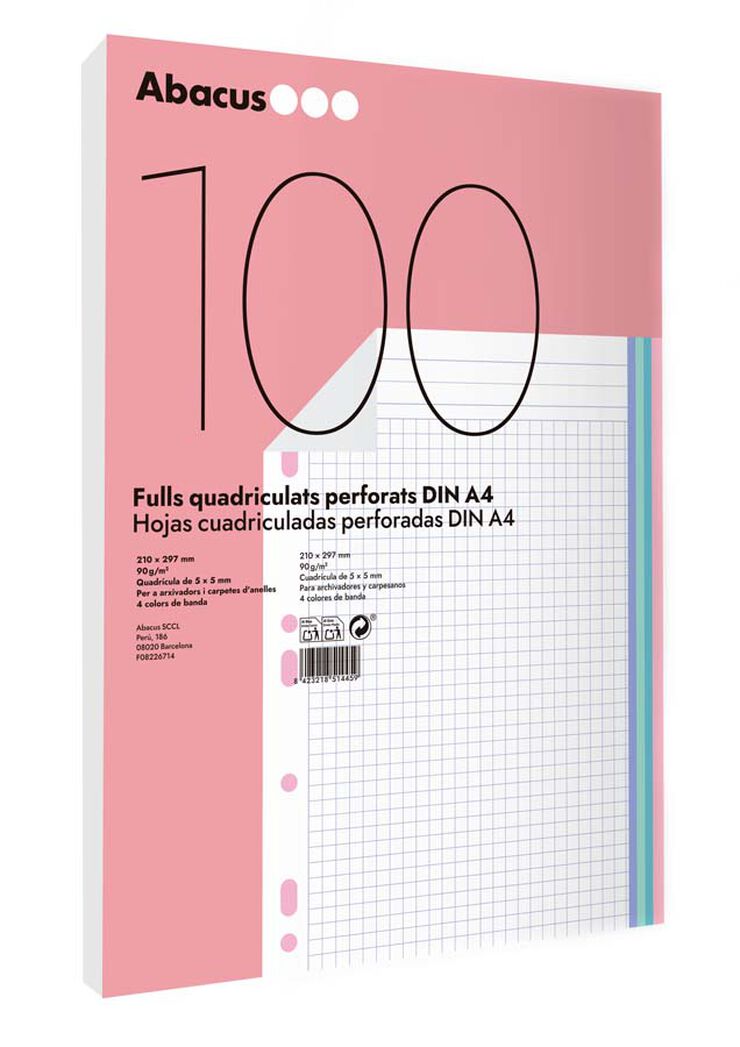 Recambio Notebook 4 Abacus A4 5x5 90g 100 hojas colores pastel