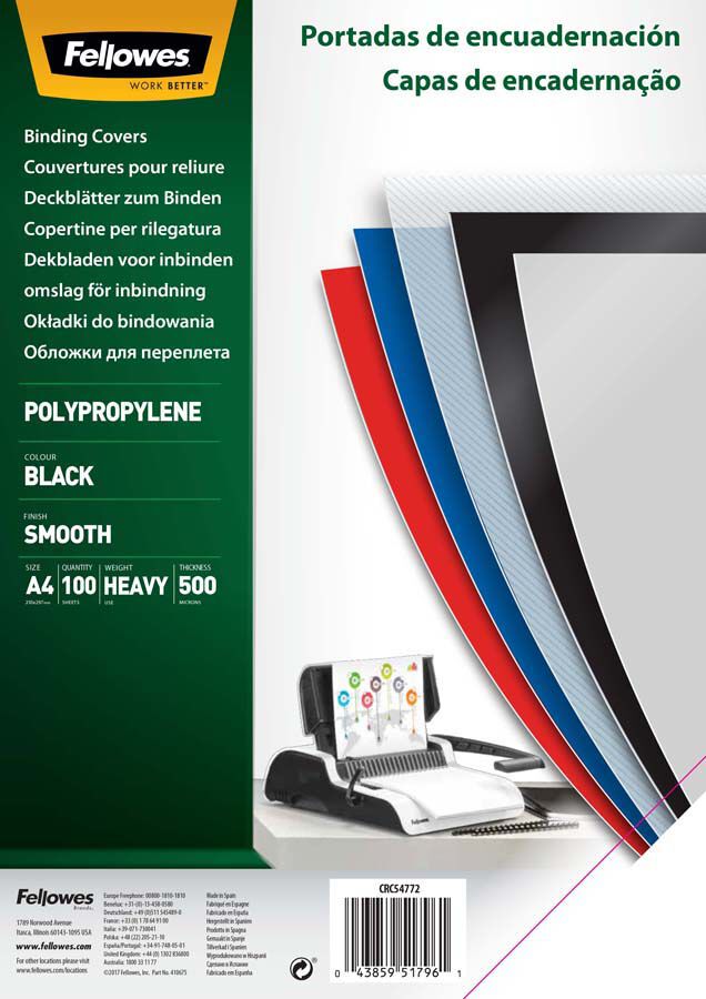 Tapas de encuadernar transl&uacute;cidas A4 Fellowes PP 450 micras negro 100u