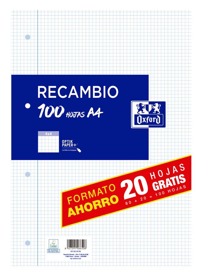 Recambio Papel Oxford A4 4 taladros 80 + 20 hojas 4x4 margen