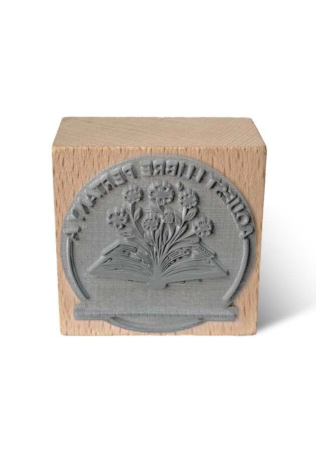 Sello Exlibris madera Libro y Flores 6x6cm