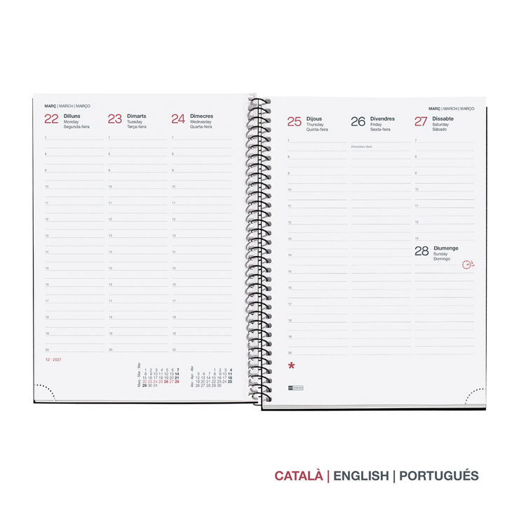 Agenda Miquelrius Especial Plus Setmana Vista Catal&agrave; City 2027 Negre