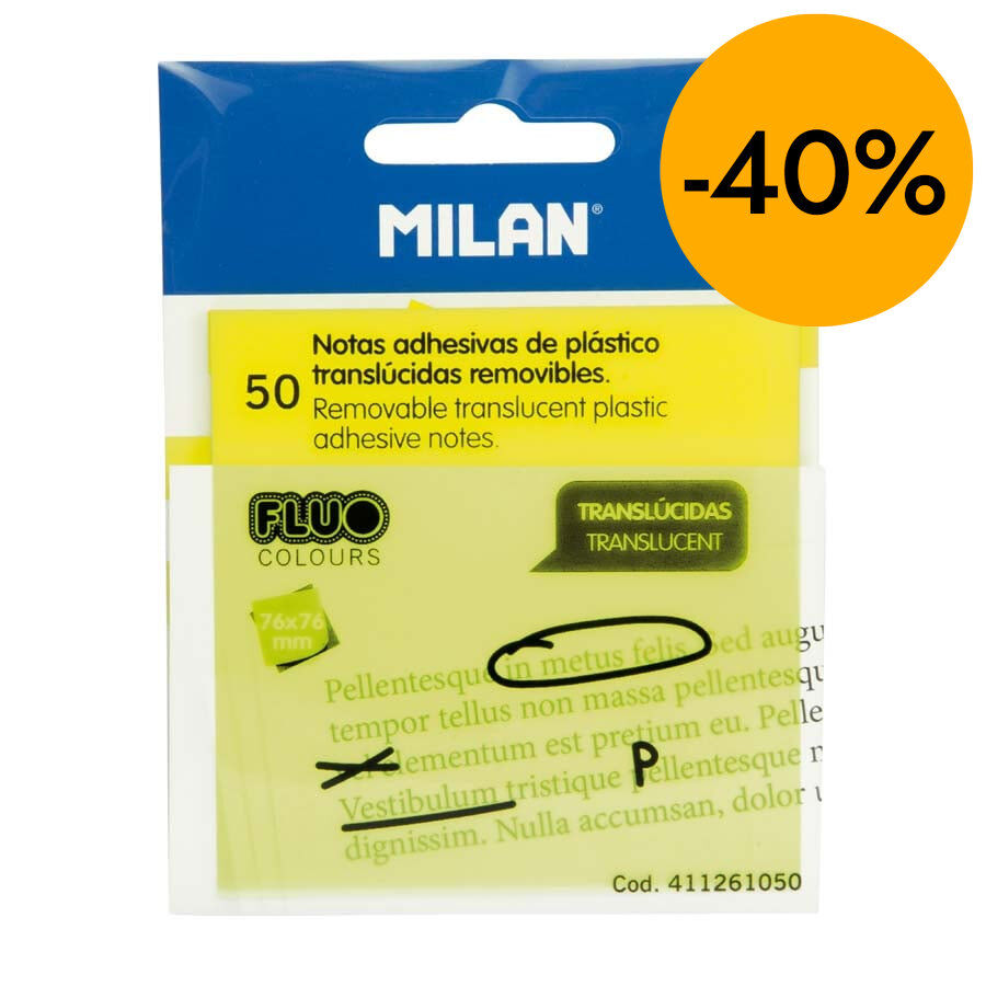 Notas adhesivas transl&uacute;cidas Milan 76x76mm amarillo fluo