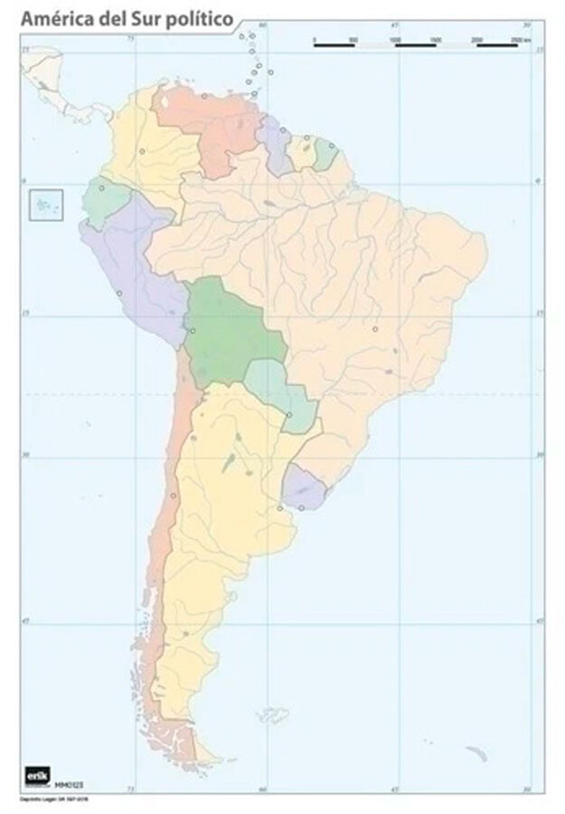 Mapa mudo pol&iacute;tico Am&eacute;rica Sur (Color) - Pack 50 uds