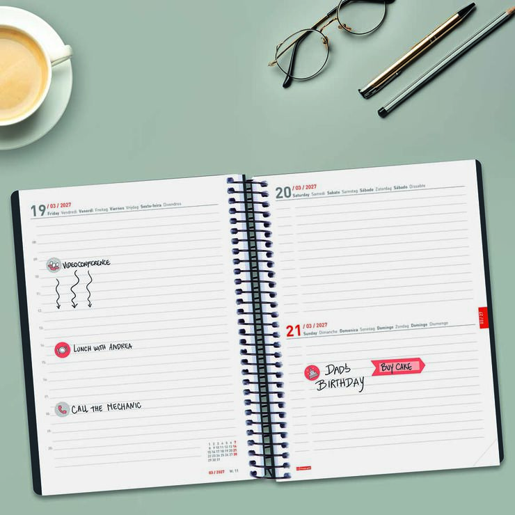 Agenda Finocam 16M Ikon E10 D&iacute;a/P&aacute;gina Multiling&uuml;e 2026-27 Negro