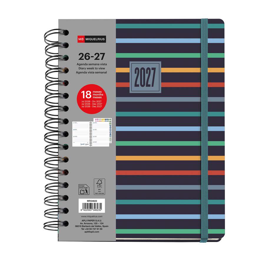 Agenda Miquel Rius 18 Meses Wire-O Plus sem/vista multiling&uuml;e 2026-2027 Stripes