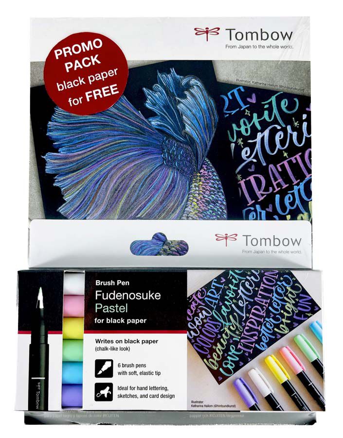 Set Retoladors Tombow Fudenosuke pastel 6u + Bloc A5 paper negre
