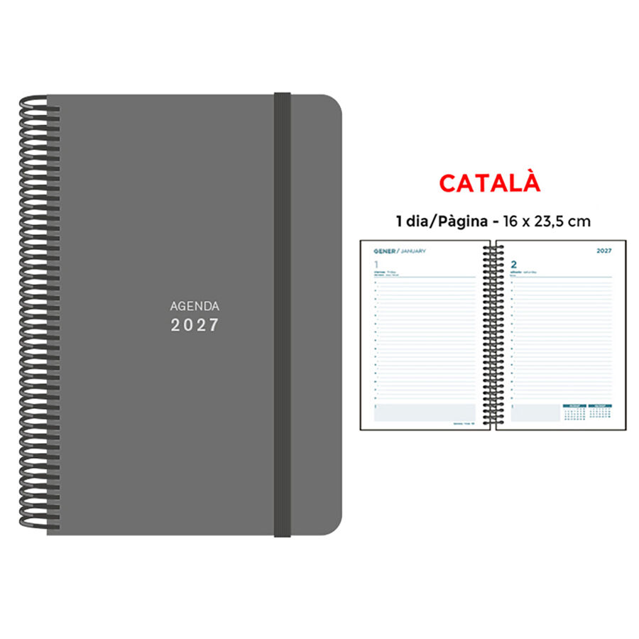 Agenda Espiral Finocam 16x23,5 cm Catal&aacute;n D&iacute;a P&aacute;gina 2027 Gris