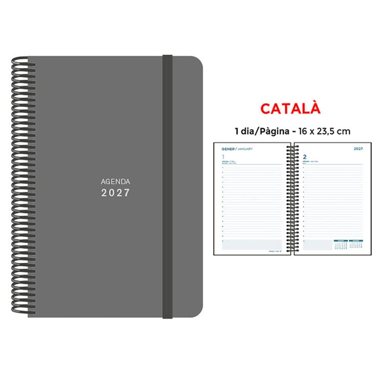 Agenda Espiral Finocam 16x23,5 cm Catal&aacute;n D&iacute;a P&aacute;gina 2027 Gris