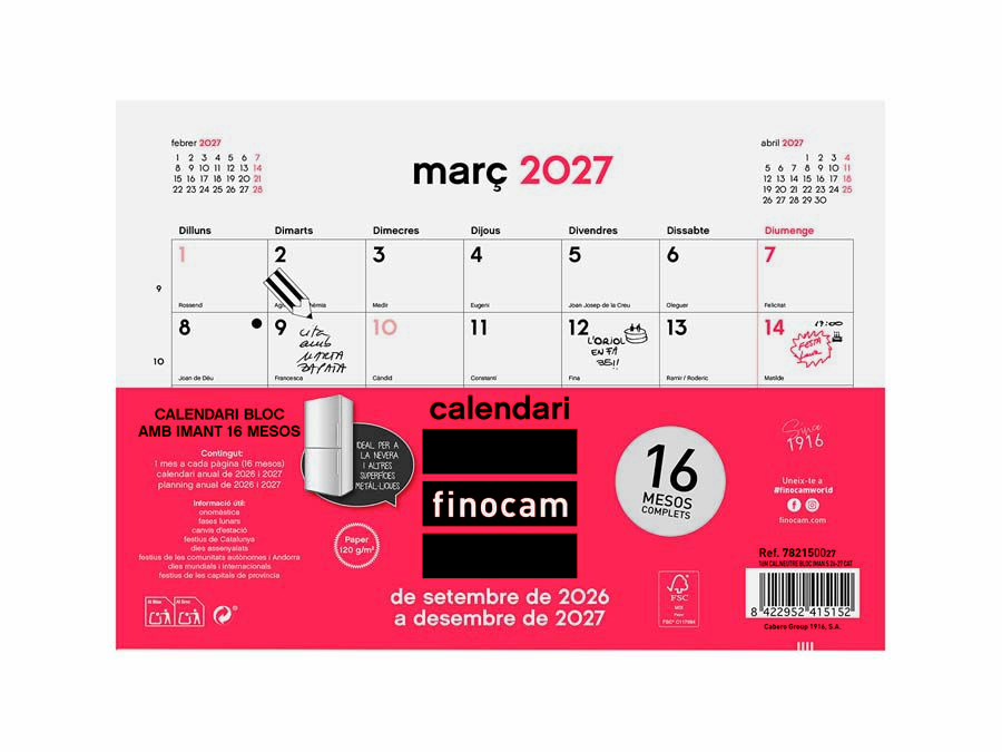 Calendario Bloc Im&aacute;n Finocam 16M 21x15cm Catal&aacute;n 2026-27