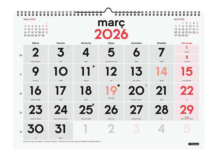 Calendari paret Finocam Números grans L 2026 català