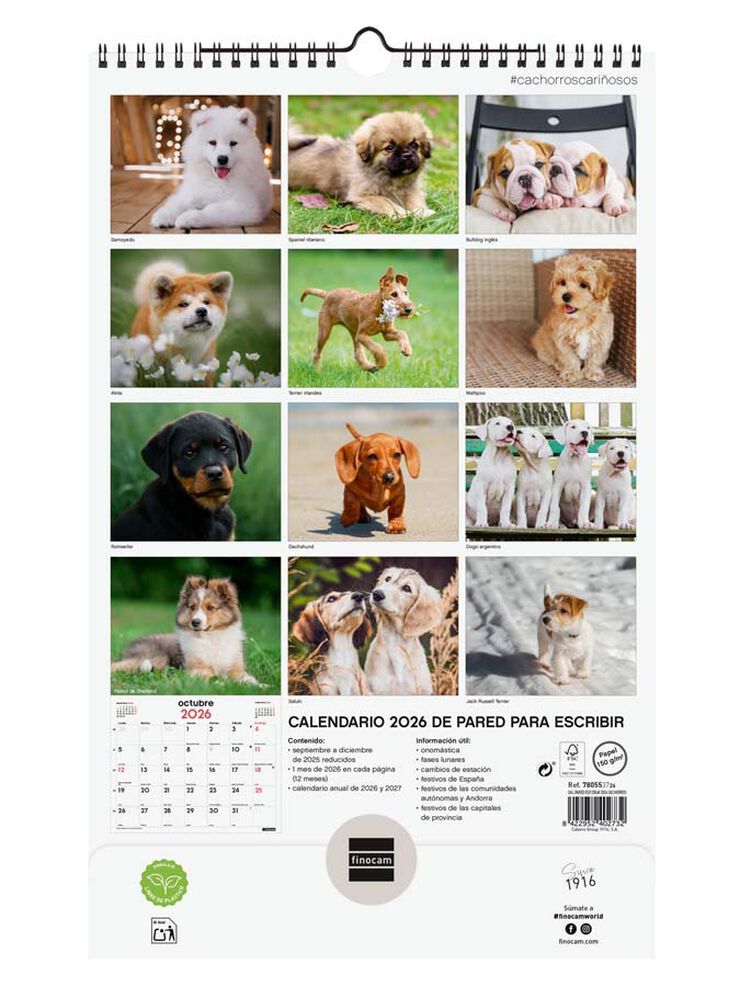 Calendario pared Finocam espiral 25x40 2026 Cachorros castellano