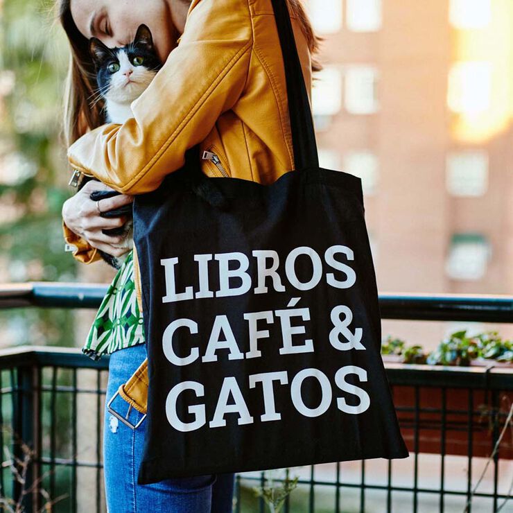 Tote bag ''Libros, caf&eacute; y gatos''