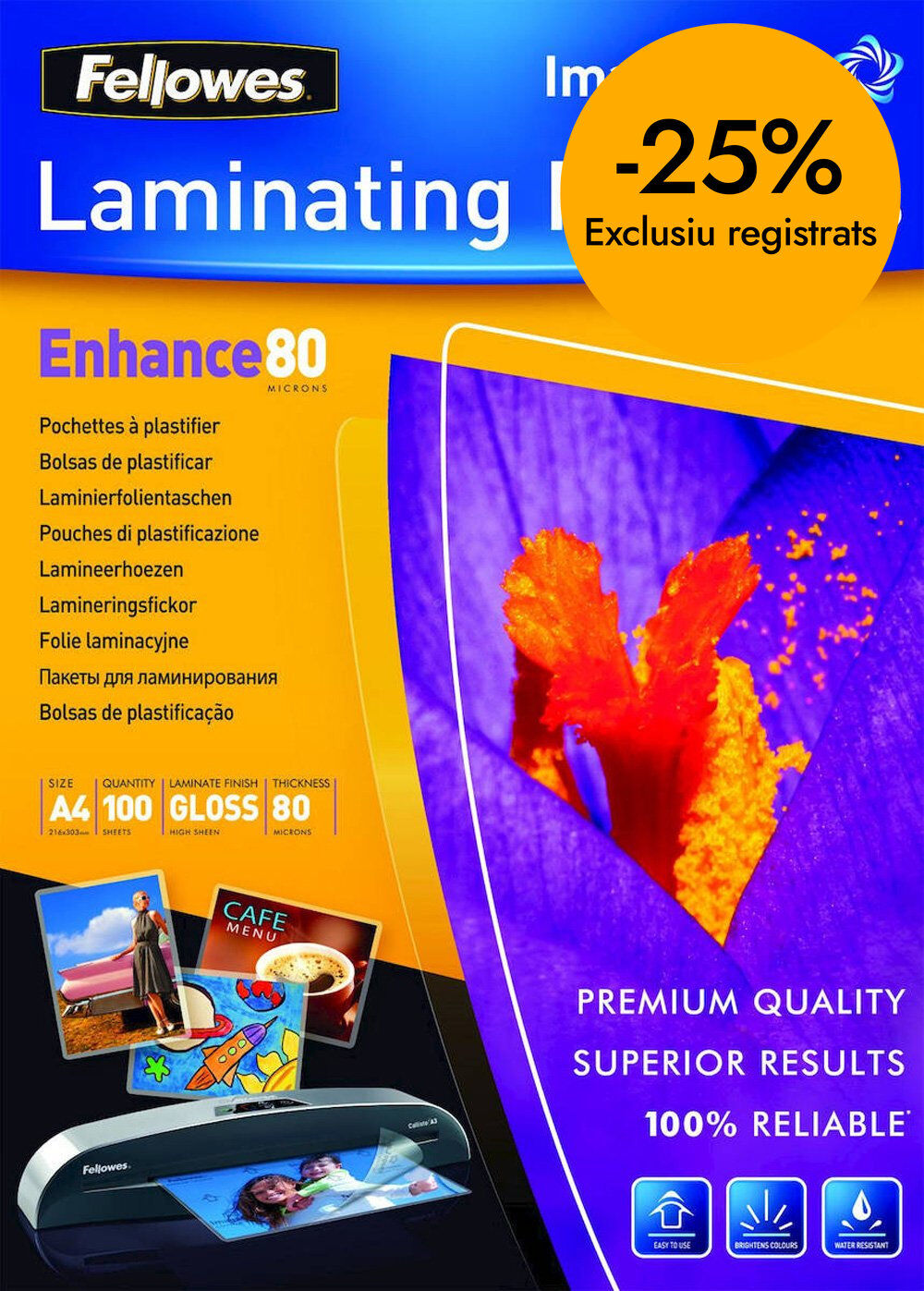 Funda de plastificar Fellowes A4 80 micres 100u