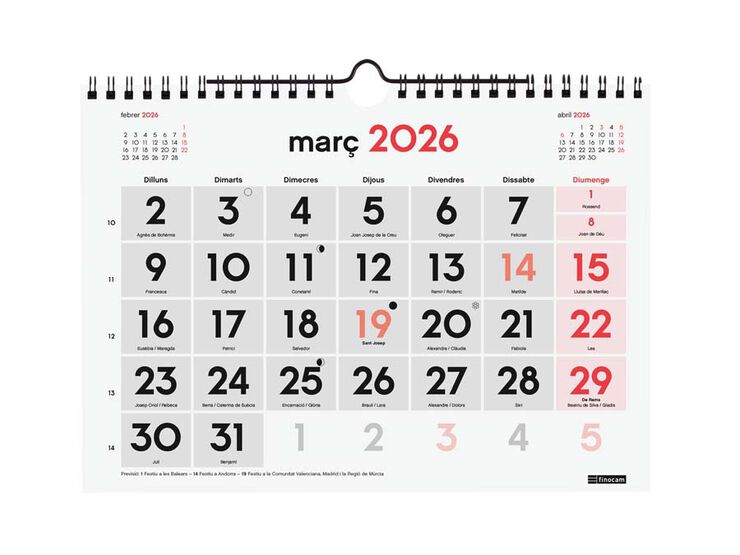 Calendario pared Finocam Números grandes S 2026 catalán