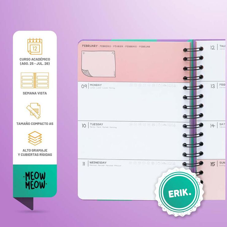 Agenda escolar Erik A5 setm/vista multilingüe 2025-26 Meow Meow