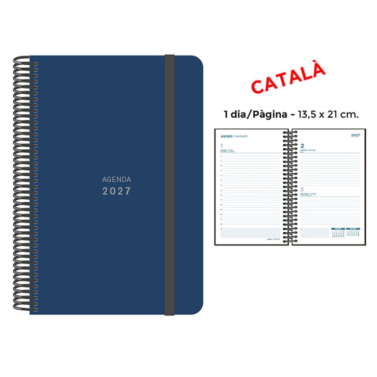 Agenda Espiral Finocam 13,5x21 cm Catal&aacute;n D&iacute;a P&aacute;gina 2027 Azul Oscuro