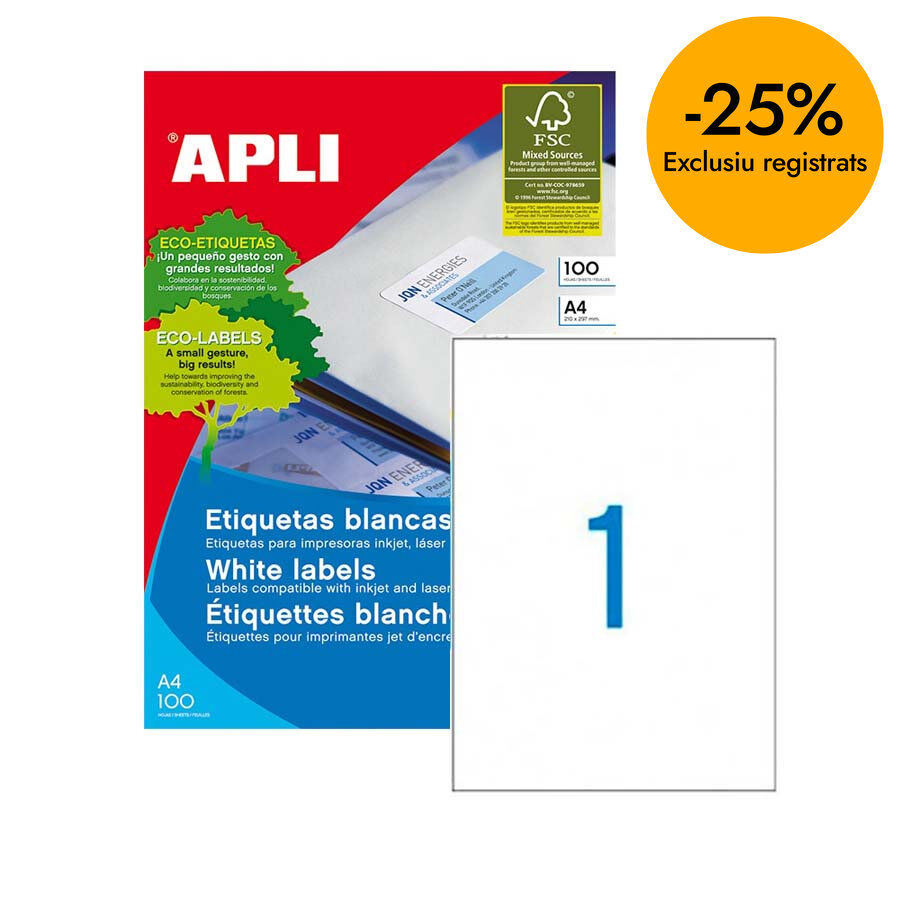Etiqueta Inkjet A4 Apli 210x297mm 100 hojas