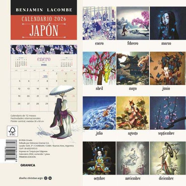 Calendario pared Jap&oacute;n Benjamin Lacombe castell&agrave; 2026