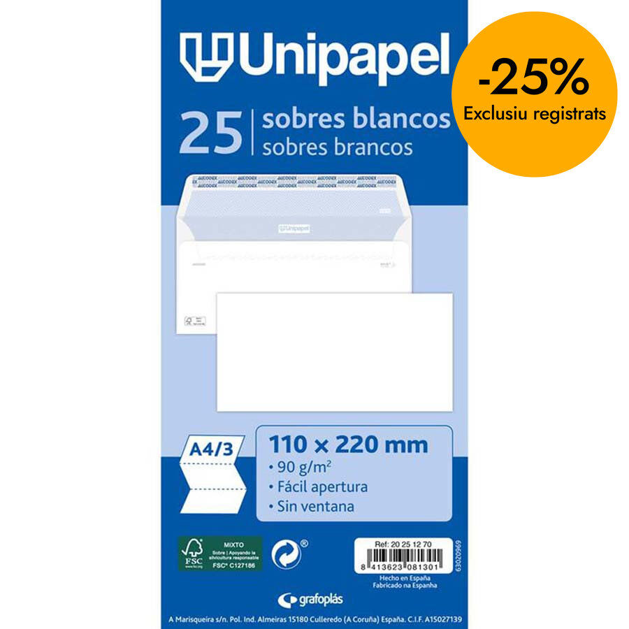 Sobres autoadhesivos blanco 110x220mm 25u
