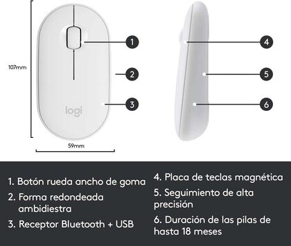 Ratón Logitech Bluetooth Pebble M350 Blanco