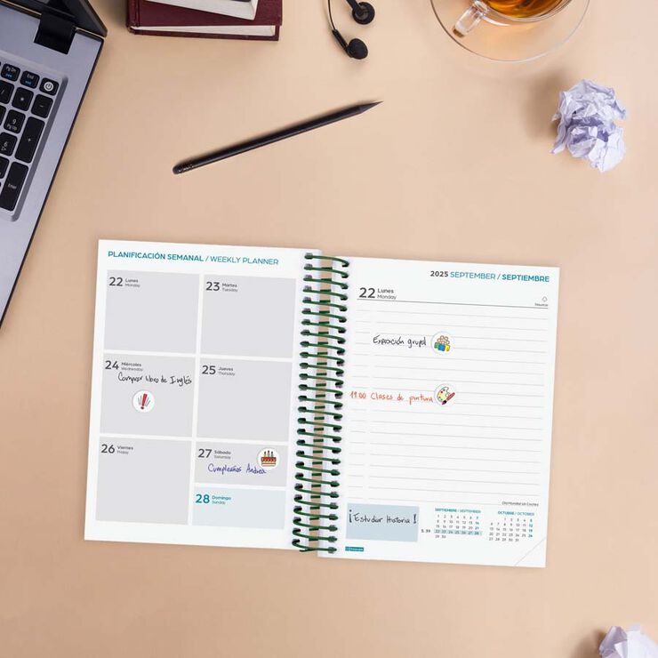 Agenda Finocam escolar Secundaria 1/8 día/pág cas 2025-26 fiori