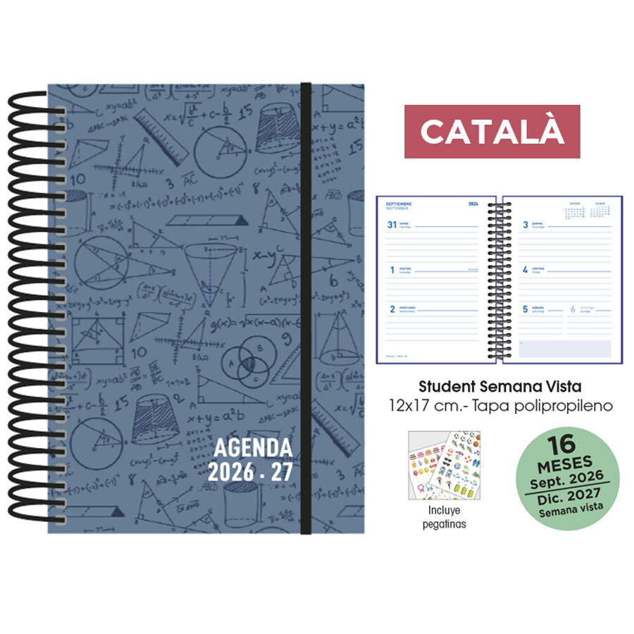 Agenda Paperblanks 16 Meses Espiral Semana/Vista Catal&aacute;n 2026-2027 Maths Plomo