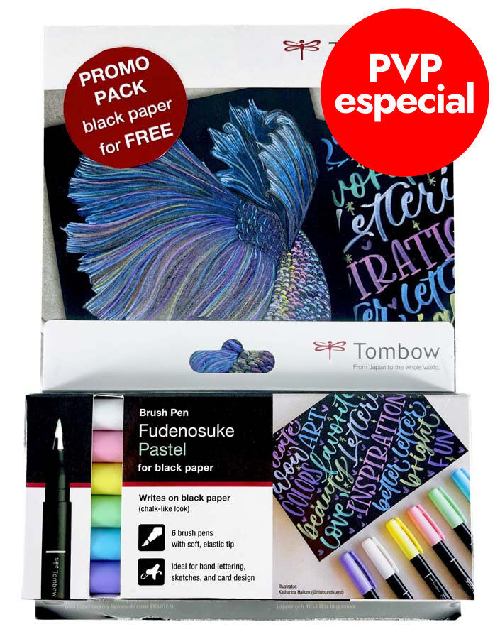 Set Rotuladores Tombow Fudenosuke pastel 6u + Bloc A5 papel negro